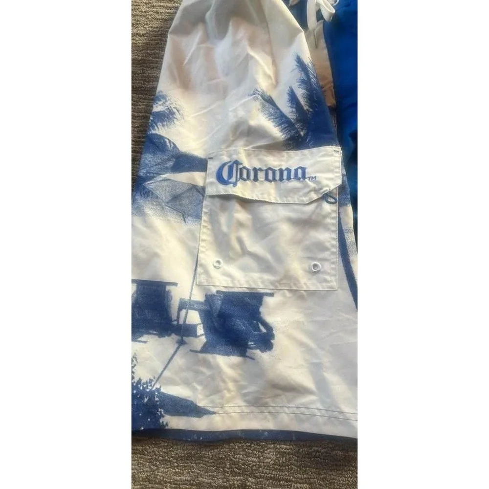 Corona Extra Mens Blue White Tropical Palm Tree Shorts Swim Trunks Size 36 (53)